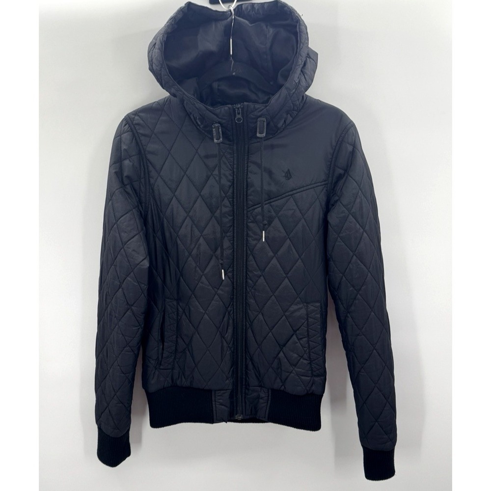 VTG Y2K Volcom Black Puffer Coat Bomber Jacket Medium 12 Diamond Quilted Hooded